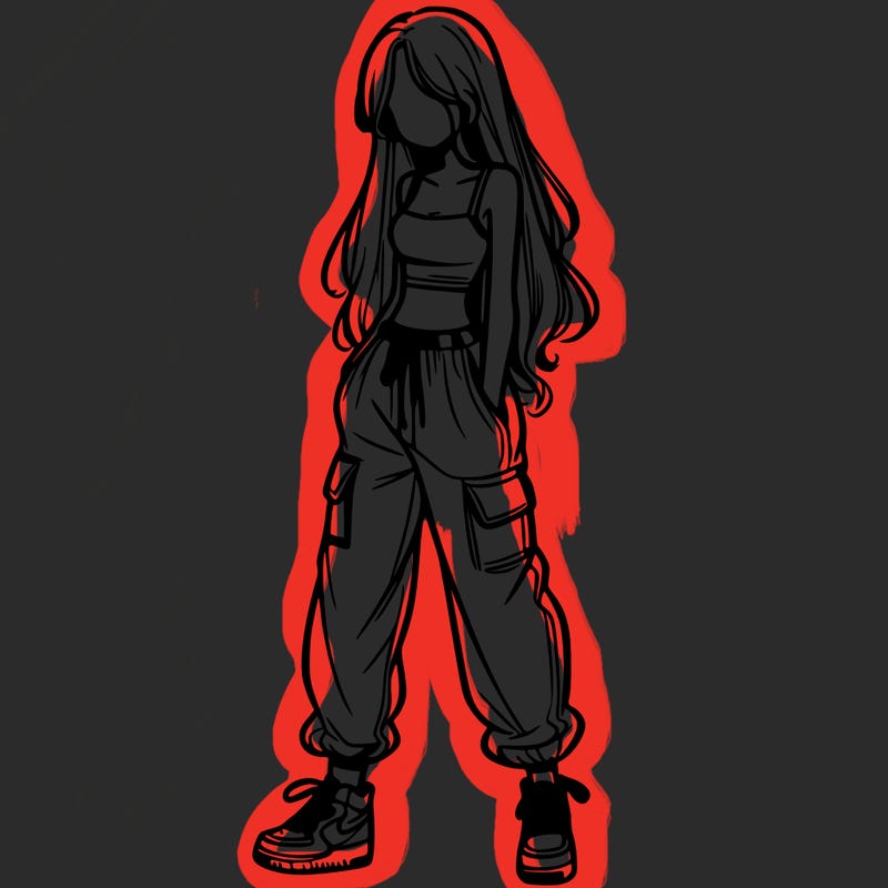 girl in baggy pants crop top and long hair