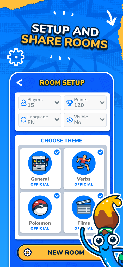 Gartic.io room setup screen showing player count points and theme selection options