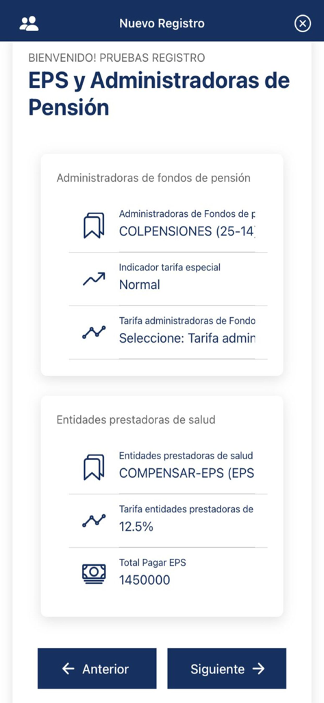 Pantalla de registro de la app Asopagos para la selección de pensión y aseguradora de salud