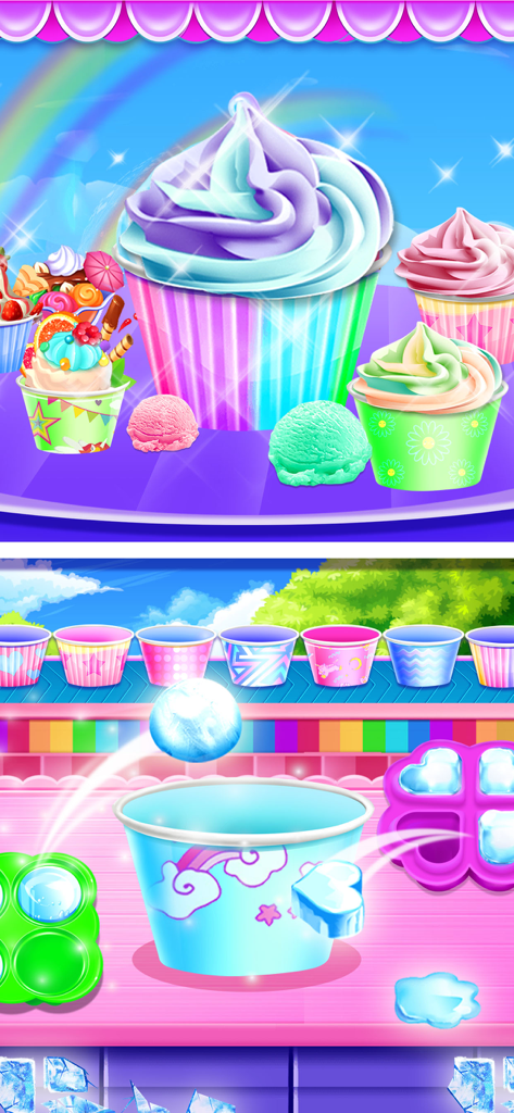 Ice Cream Delivery Games - ICE - Colorful decorated ice cream cups and a gameplay screen for filling and customizing dessert containers in a kids game