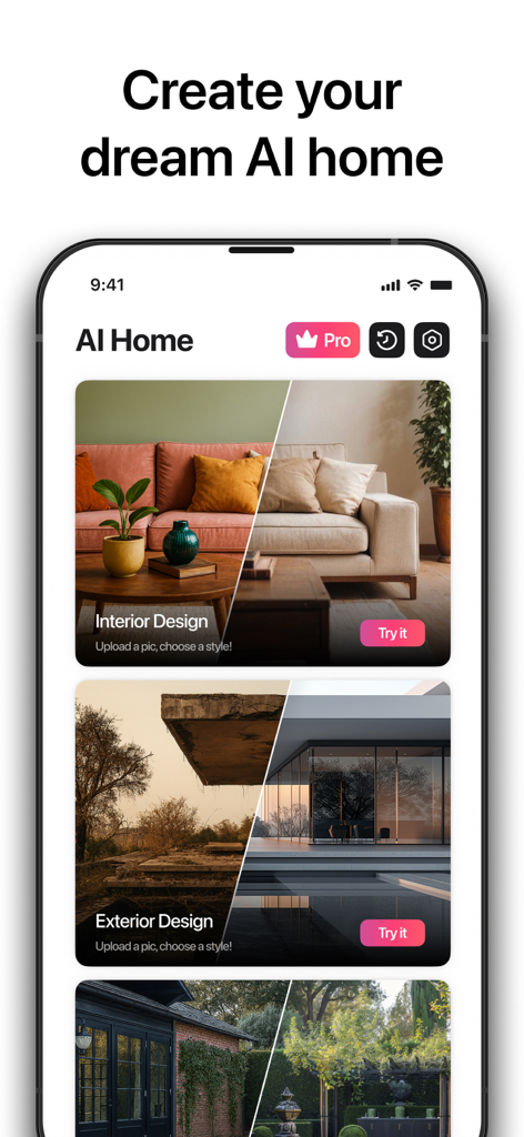 A mobile app interface titled AI Home displaying options for Interior Design and Exterior Design with before and after AI transformation previews