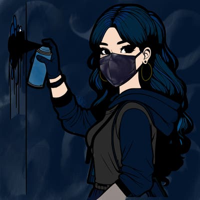 realistic girl with mask spray painting a wall