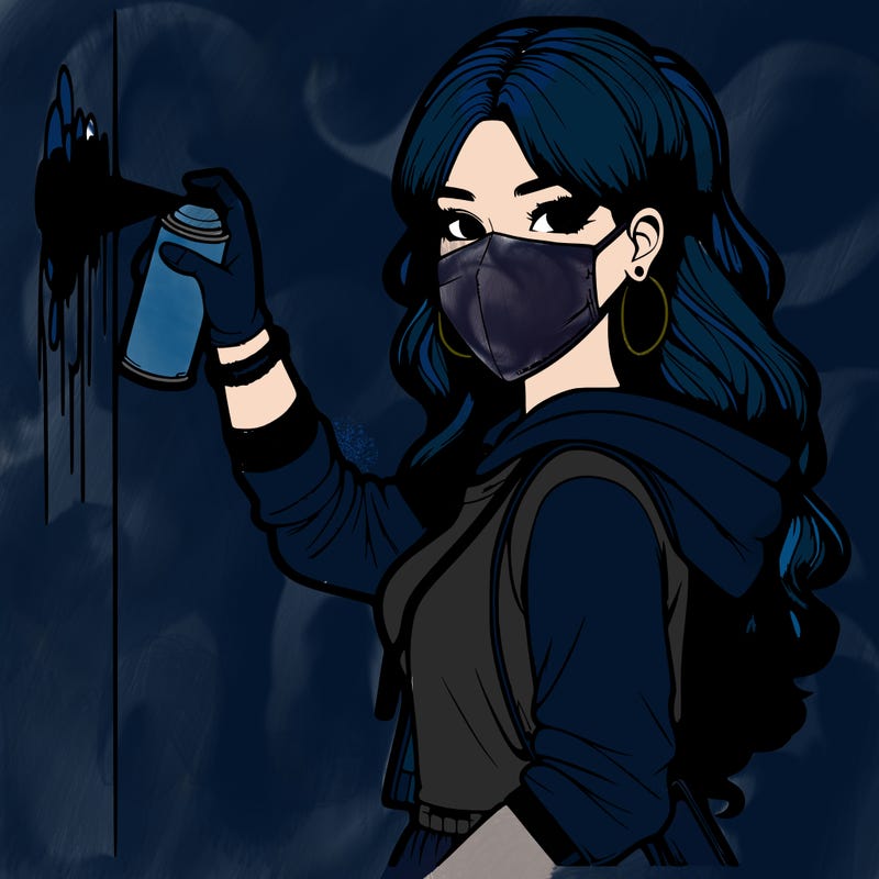 realistic girl with mask spray painting a wall