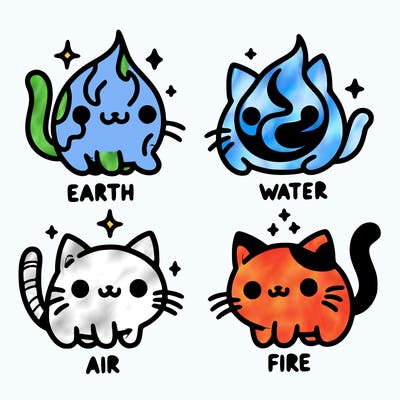 4 cats that represent the different elements, earth, water, air, and fire