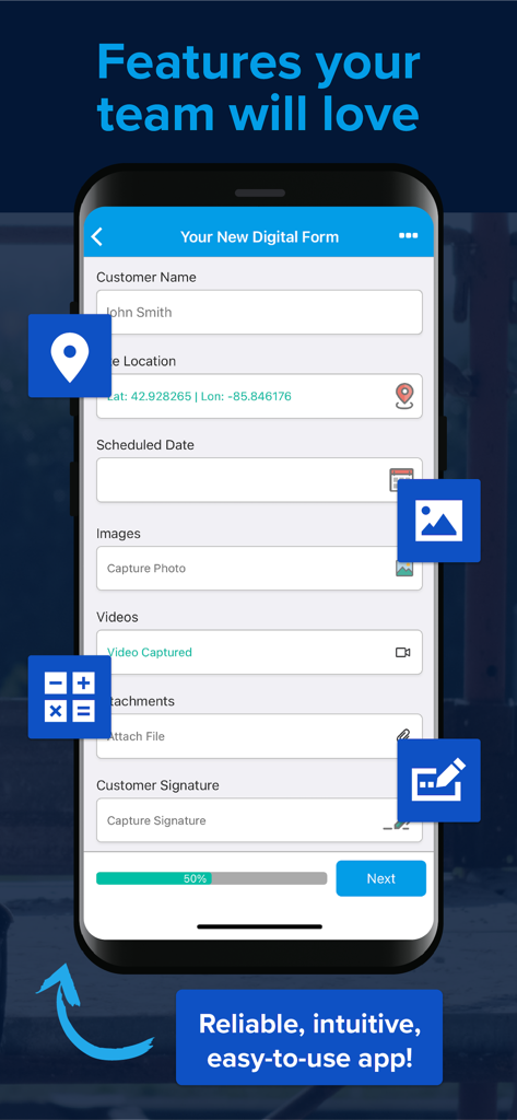 GoCanvas mobile app screenshot showing a digital business form with GPS image capture and signature fields