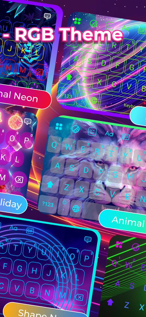 Preview of various neon and animal themed RGB LED keyboard skins