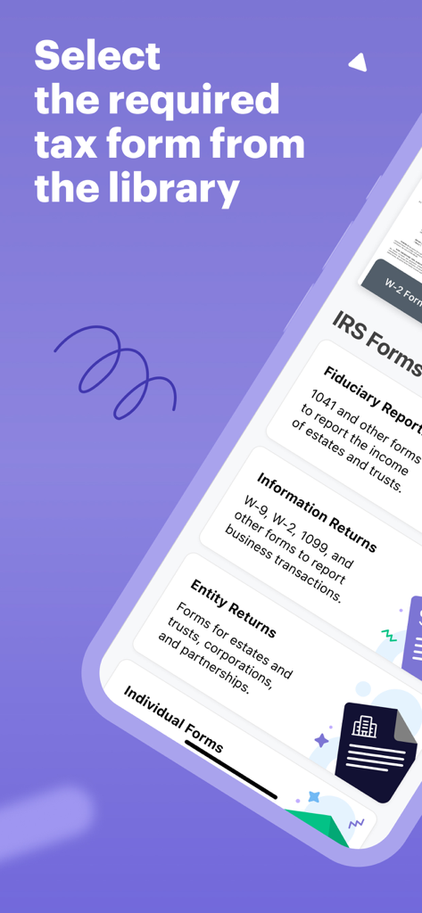 e-taxfiller: Edit PDF Forms - etaxfiller app screen showing a library of IRS tax forms like W9 and 1099