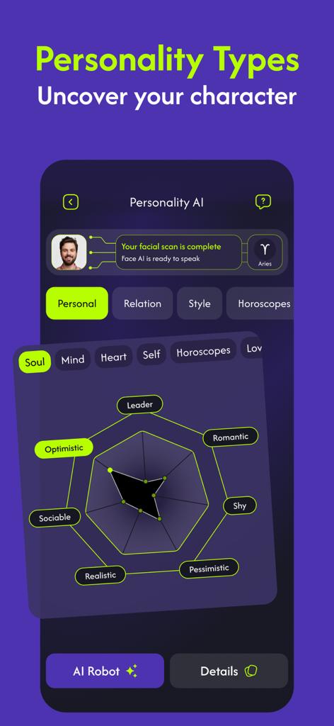 FaceYourself: AI Face Analysis - AI顔スキャンに基づいた楽観的で社交的などの性格特性を示すFaceYourselfアプリのレーダーチャート。