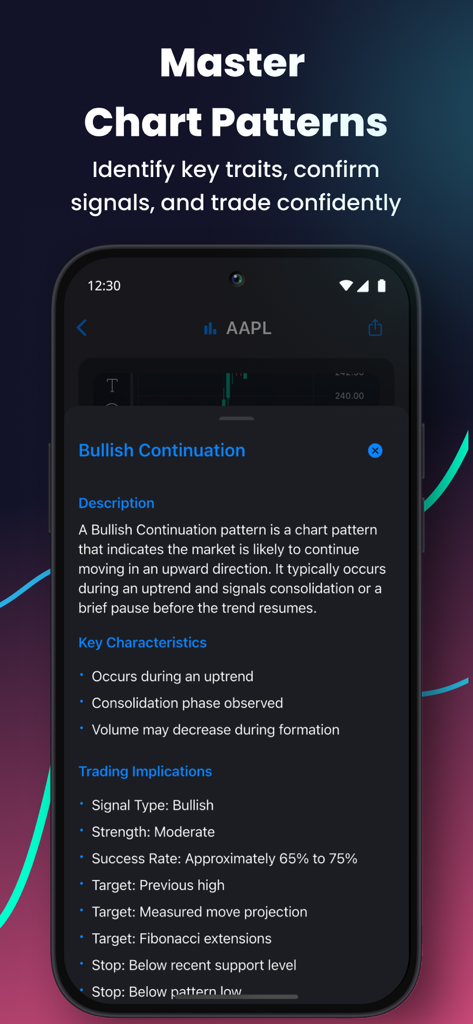 ChartScan: AI Chart Analysis - A smartphone screen showing an AI-driven analysis of a Bullish Continuation trading pattern for Apple stock.