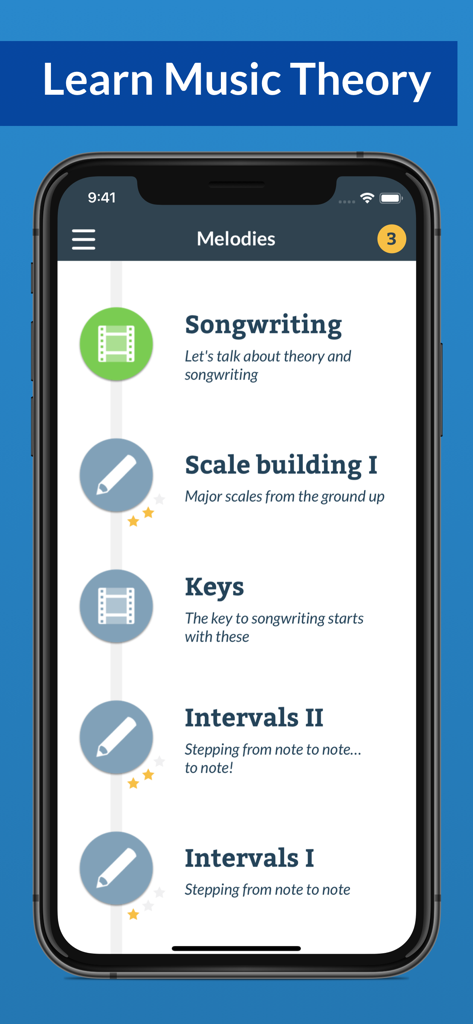 Waay: Learn music theory - The Melodies course screen in the Waay music theory app showing lessons for songwriting, scale building, and keys.