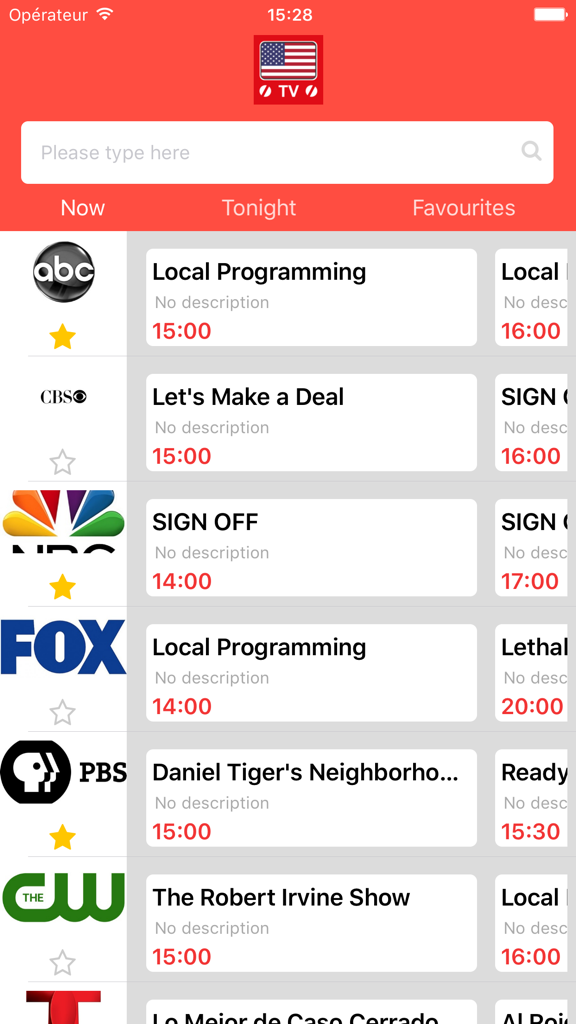US TV Listings app interface showing network schedules and current programs for ABC, CBS, and NBC.
