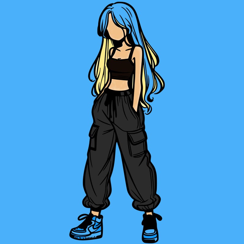 girl in baggy pants crop top and long hair