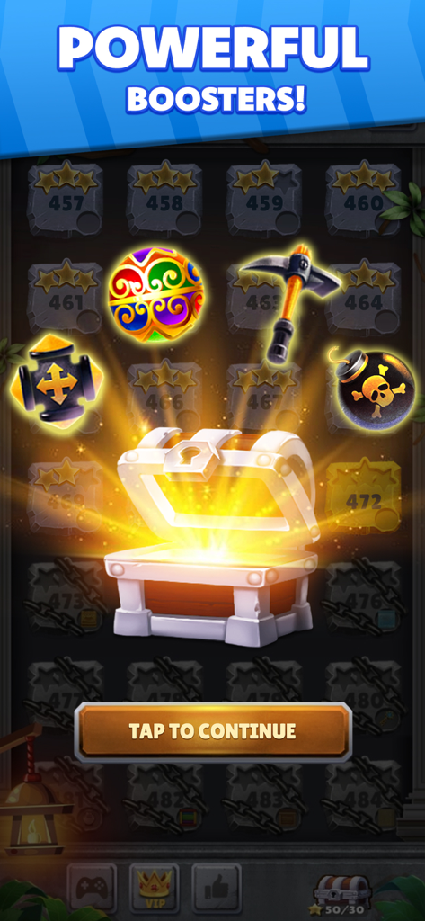 Jewel Hunter Lost Temple - A glowing treasure chest opening to reveal powerful boosters in the Jewel Hunter Lost Temple mobile game