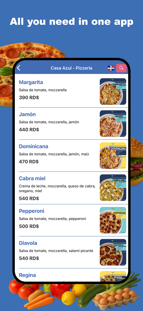 Komida-App-Oberfläche, die Menüpunkte und Preise von Casa Azul Pizzeria in der Dominikanischen Republik anzeigt.