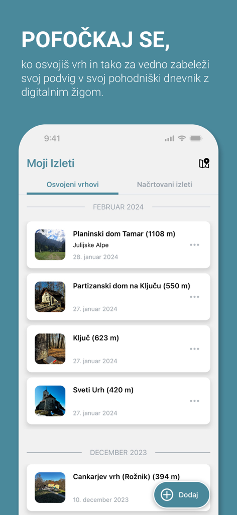 APPEAK - Digital hiking logbook in the APPEAK app showing a list of conquered mountain peaks with photos and dates.