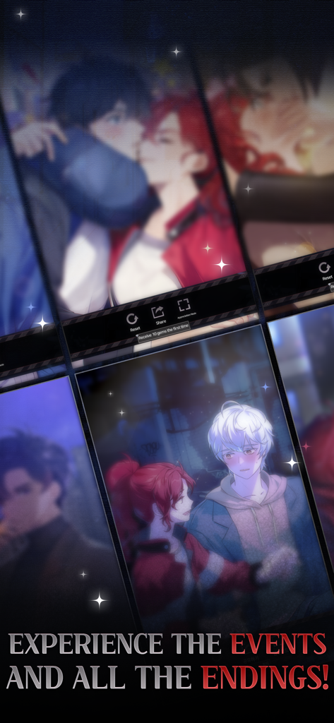 Havenless- Thriller Otome Game - A collage of romantic character illustrations from the Havenless otome game with the text Experience the events and all the endings
