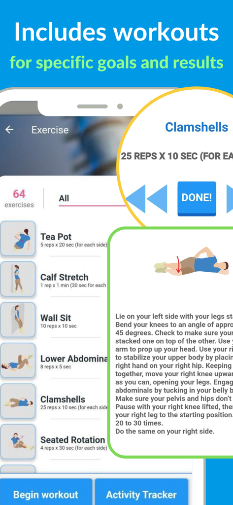 Screenshot of APECS app showing a library of posture correction exercises and specific instructions for clamshells workout