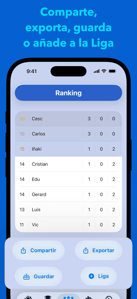 Americana Padel App-Turnierrangliste mit Spielerpunkten und Optionen zum Teilen oder Exportieren von Ergebnissen