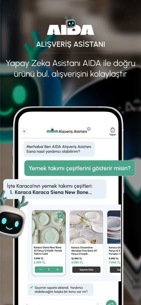 Karaca: Ev & Yaşam Alışverişi - Interfaz del asistente de compras IA AIDA en la aplicación Karaca recomendando juegos de vajilla.