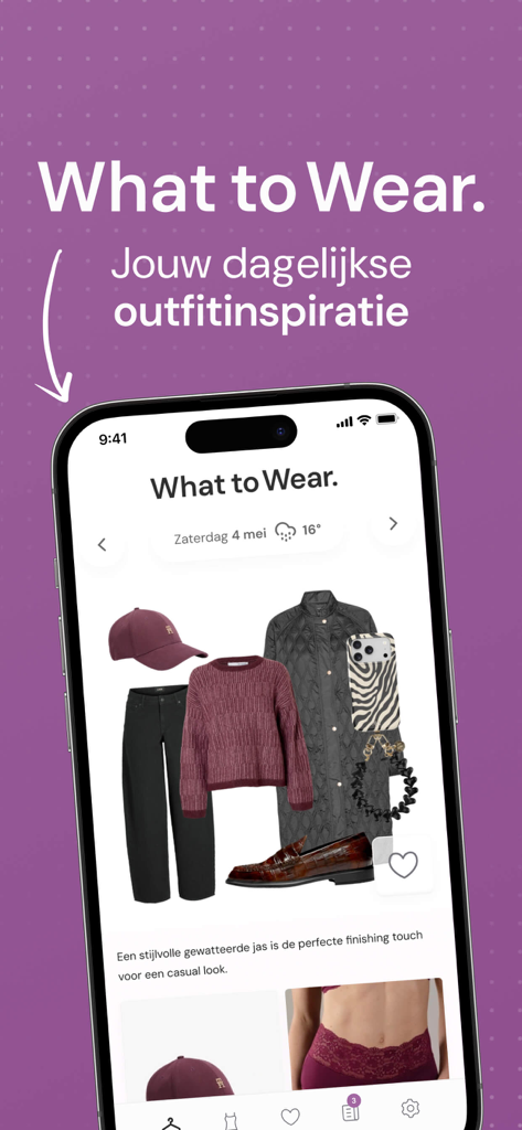 Fashionchick What to Wear - Mobile app screen showing a curated daily outfit for 16 degree weather with a sweater and coat