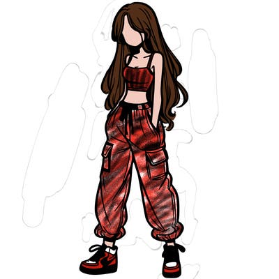 girl in baggy pants crop top and long hair
