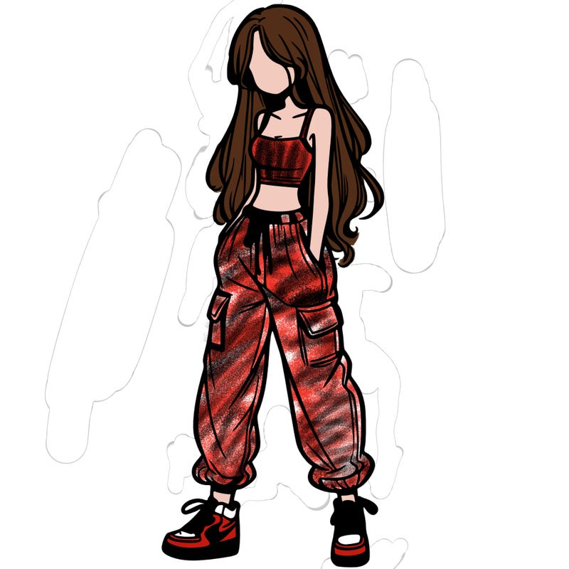 girl in baggy pants crop top and long hair