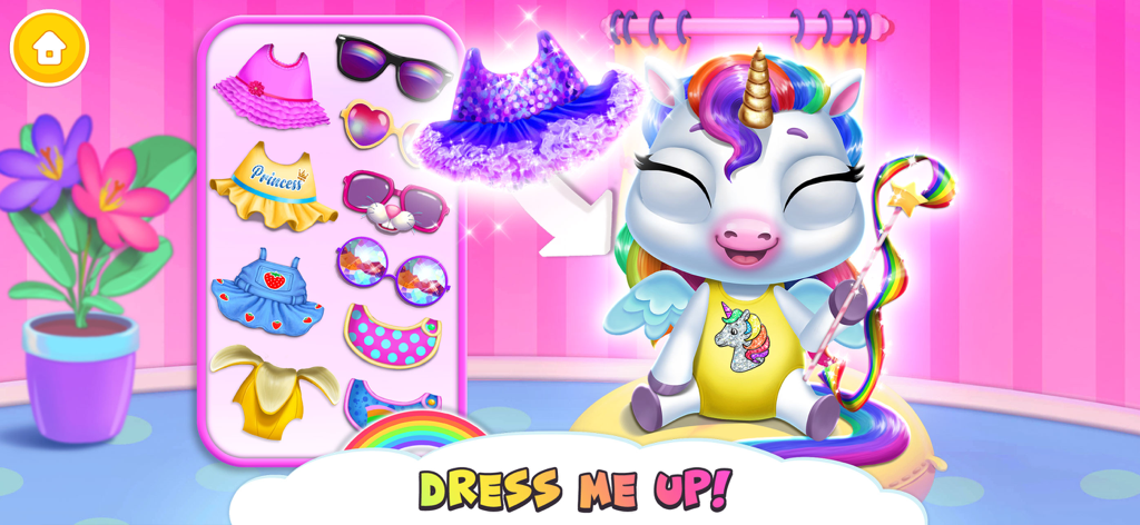 A baby unicorn being dressed up with a variety of colorful rainbow outfits and accessories