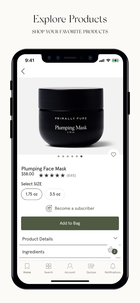 Primally Pure - Página de produto do aplicativo móvel para a Máscara Facial Plumping Primally Pure com preço e opções de assinatura.