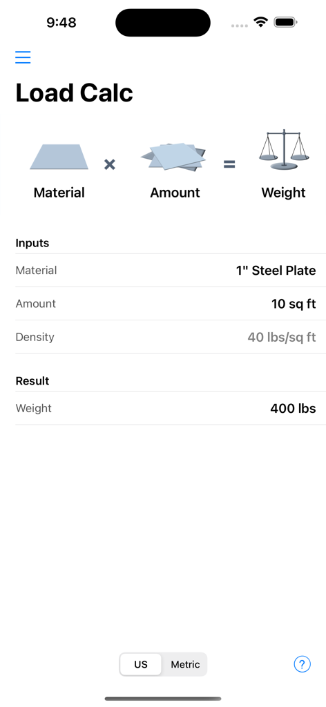 Rigger Ref - Interface of the Rigger Ref app displaying a load calculation for a one inch steel plate