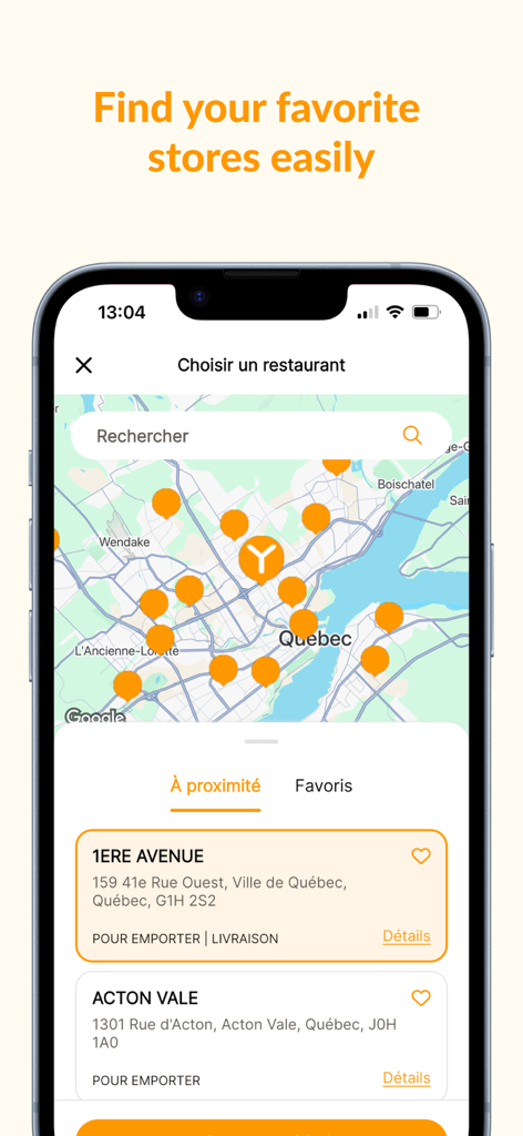 Yuzu sushi app map interface showing restaurant locations in Quebec