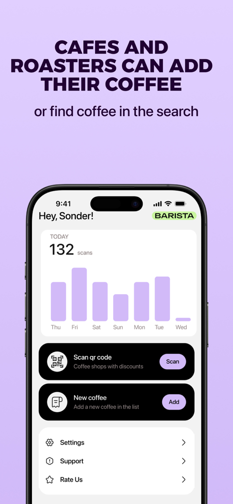 BrewRate – Coffee Reviews - BrewRate app barista dashboard displaying coffee scan analytics and new coffee entry options