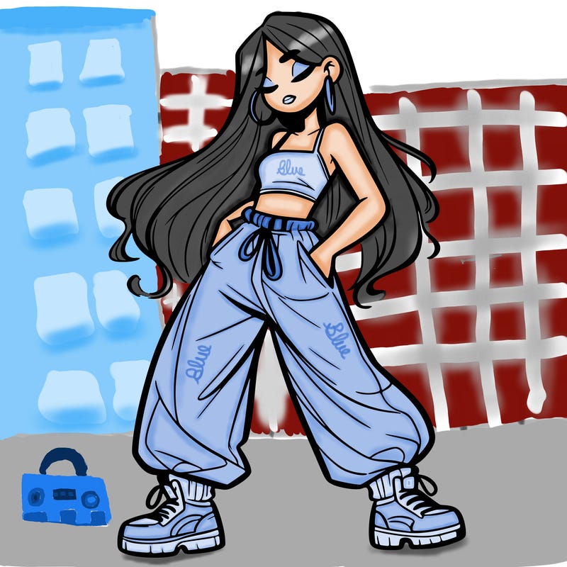 girl in baggy pants crop top and long hair