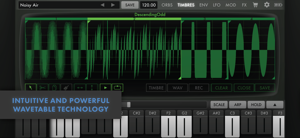 Animoog Z Synthesizer timbre editor showing green waveform wavetables and a digital keyboard