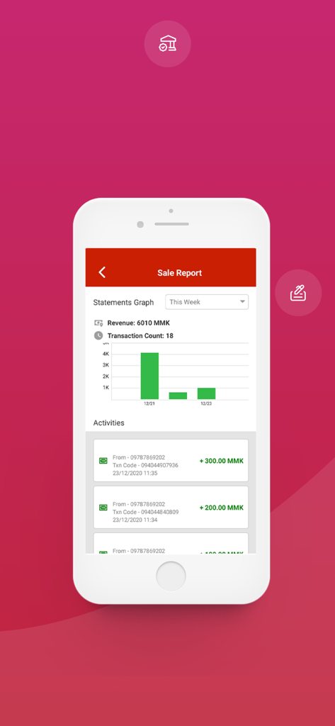 AYA PAY Merchant - AYA PAY Merchant app interface showing a sales report with a weekly revenue graph and recent transaction history.