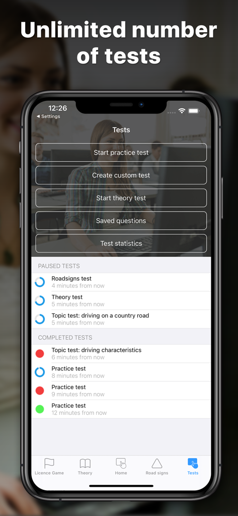 iKörkort - A screenshot of the iKorkort app showing various theory and practice test options for a Swedish drivers license.