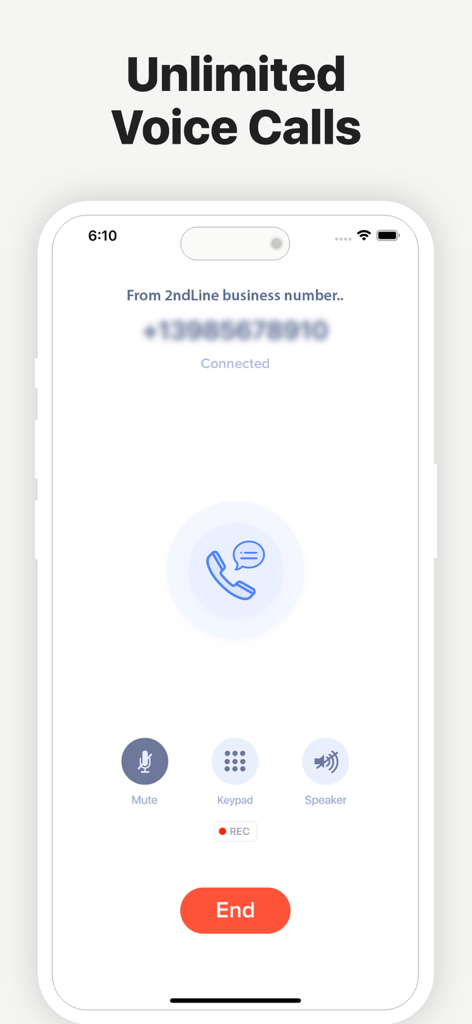 A smartphone screen displaying an active call on the 2nd Line app with a business number and call recording option.