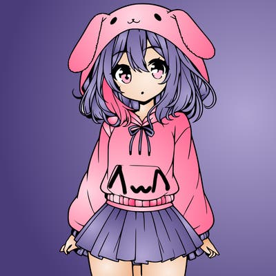 pretty anime girl wearing a fluffy hoodie with bunny ears on the hood and a skirt