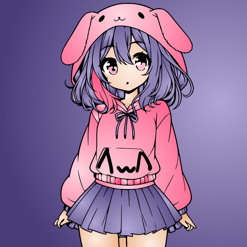 pretty anime girl wearing a fluffy hoodie with bunny ears on the hood and a skirt