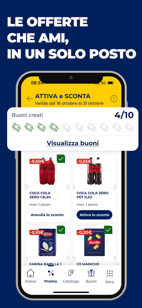 Esselunga - Esselunga app interface showing personalized grocery discounts and digital coupons on an iPhone