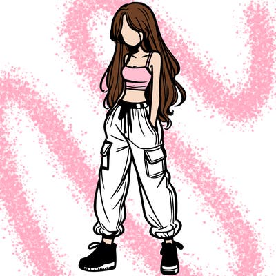 girl in baggy pants crop top and long hair