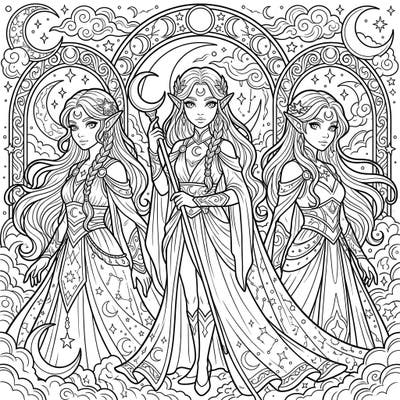 Unleash your creativity with this mystical Moon Elves coloring page, perfectly crafted for teens. Featuring three elegant elves adorned with lunar symbols, it offers a captivating journey into a world of dreams and magic.