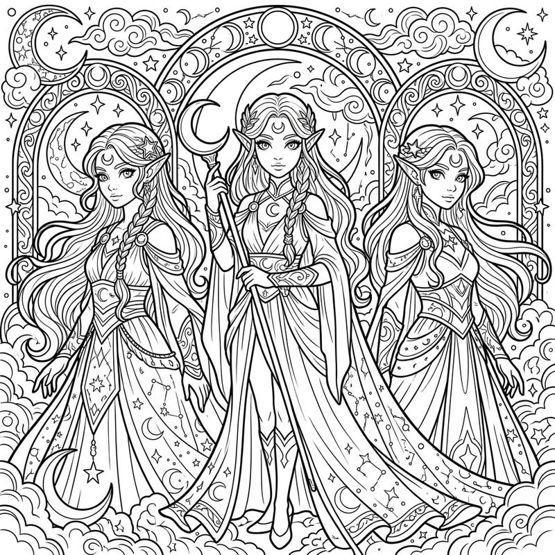 Unleash your creativity with this mystical Moon Elves coloring page, perfectly crafted for teens. Featuring three elegant elves adorned with lunar symbols, it offers a captivating journey into a world of dreams and magic.