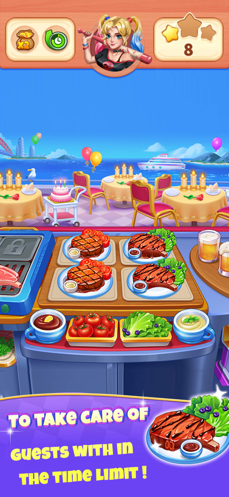 Cooking Journey: Food Games - Gameplay screenshot of Cooking Journey showing steak and ribs being prepared in a seaside restaurant