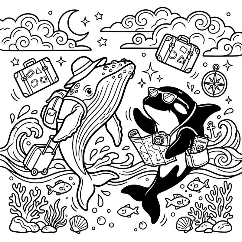 Embark on an epic journey with our delightful whales on vacation coloring page. Join a globetrotting humpback and a map-reading orca as they explore the world, ready for your creative touch.