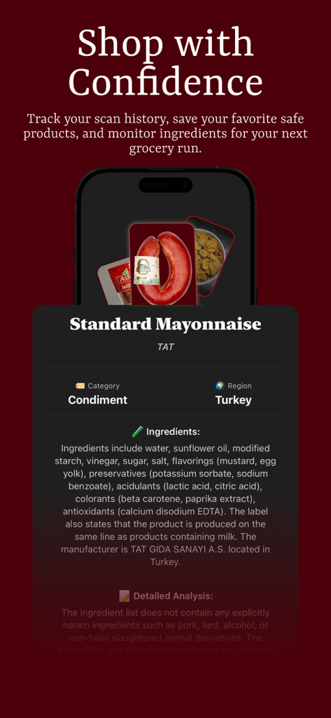 A mobile screen from the Halal Product Scanner app displaying a detailed ingredient list and halal analysis for a mayonnaise product.