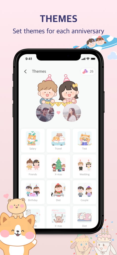 A smartphone screen showing a grid of cute cartoon themes for different anniversaries and milestones in the Been Together app.
