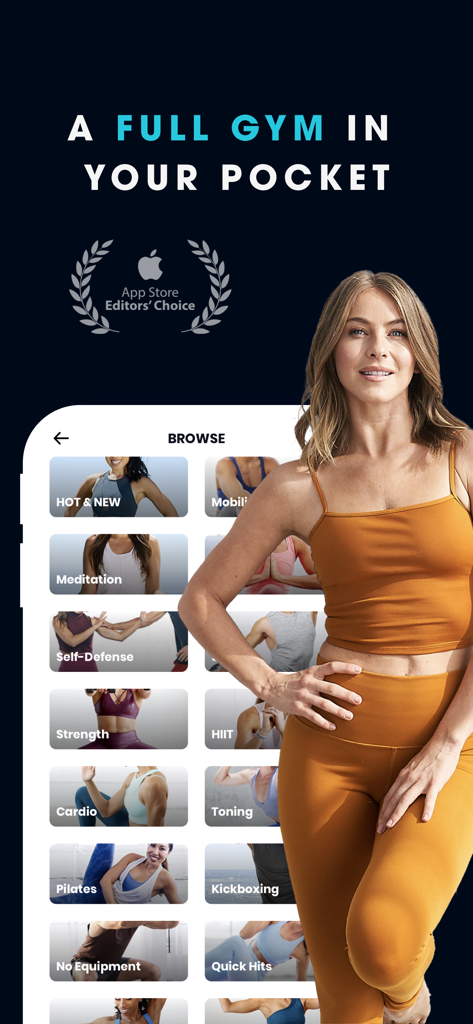 FitOn Workouts & Fitness Plans - FitOn app interface showing workout categories like Pilates HIIT and meditation with celebrity trainer Julianne Hough