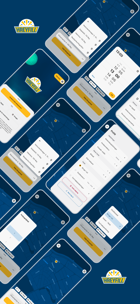 A collection of mobile app screenshots for Hreyfill taxi service showing maps booking features and payment options in Iceland