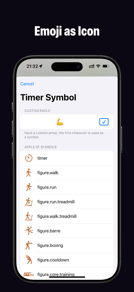 Interval Timer - Tabata HIIT - Interval Timer app screen showing custom emoji and workout symbol selection