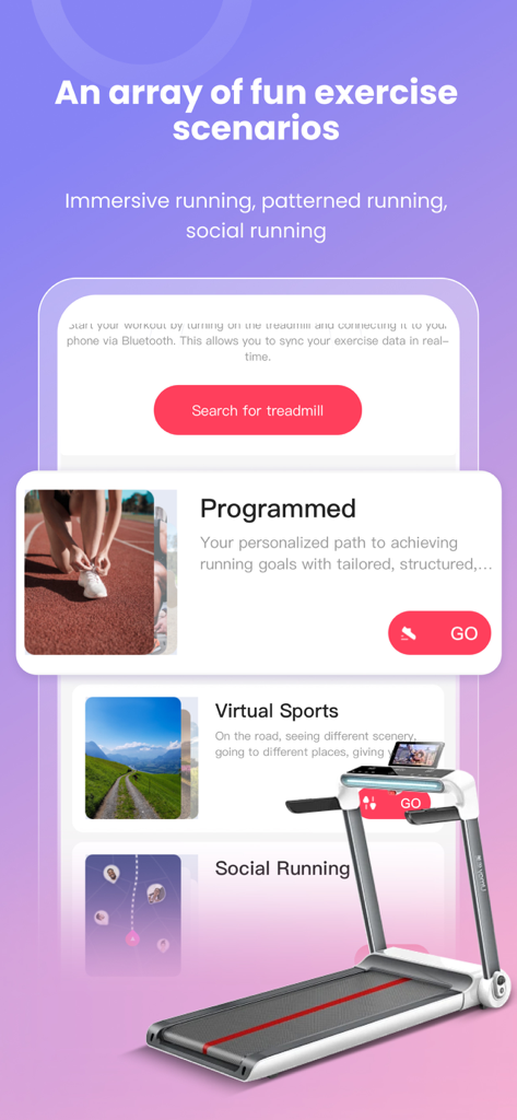 SPAX - SPAX app interface showing various running modes including virtual sports and social running next to a treadmill.